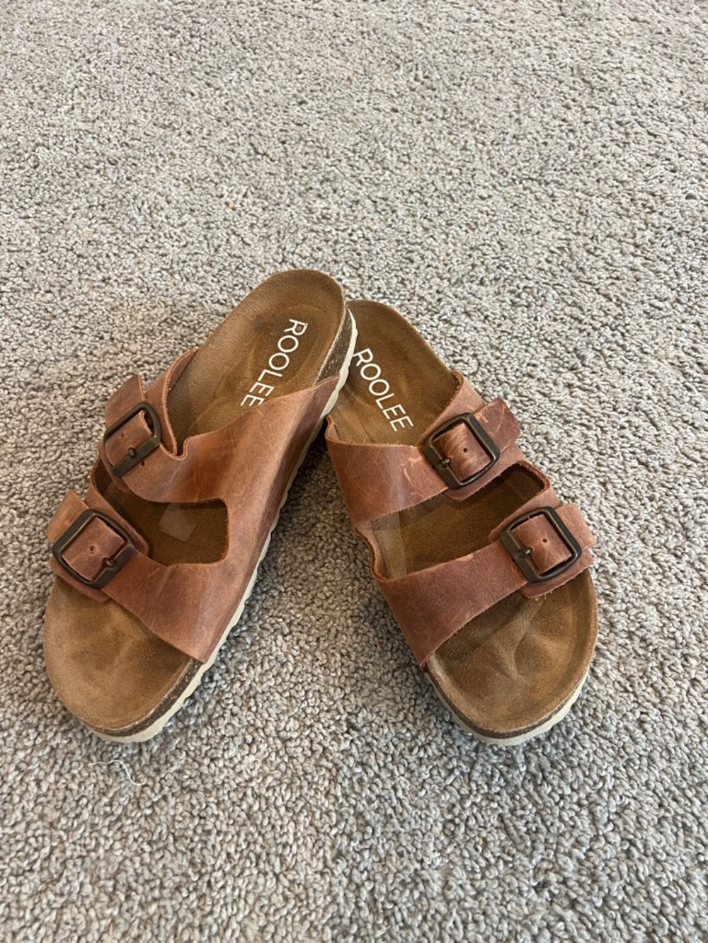 Roolee Brown Double-Buckle Slide Sandals